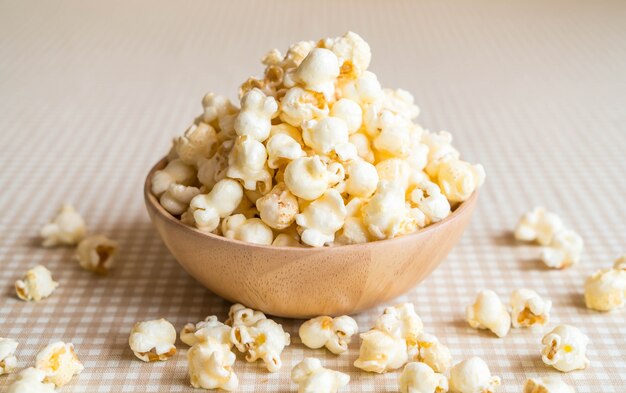 caramel popcorn on table