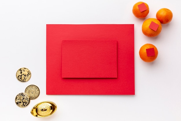 Free photo card mock-up with golden coins chinese new year