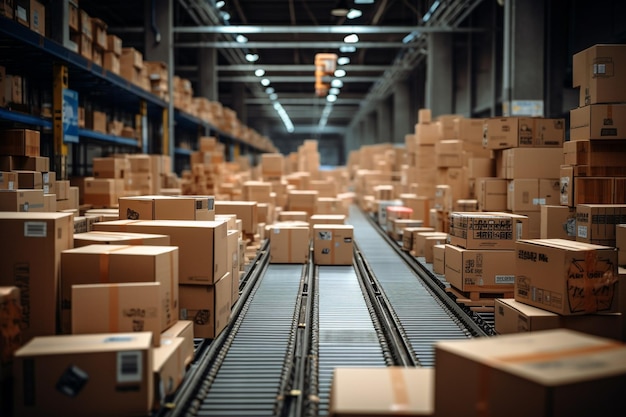 Cardboard boxes on a conveyor belt in warehouse