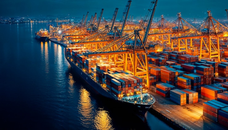Free Photo cargo ship at night in a busy port
