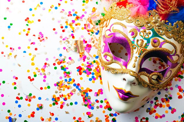 Carnival party backgroundVenetian mask on white background with confetti Copy space