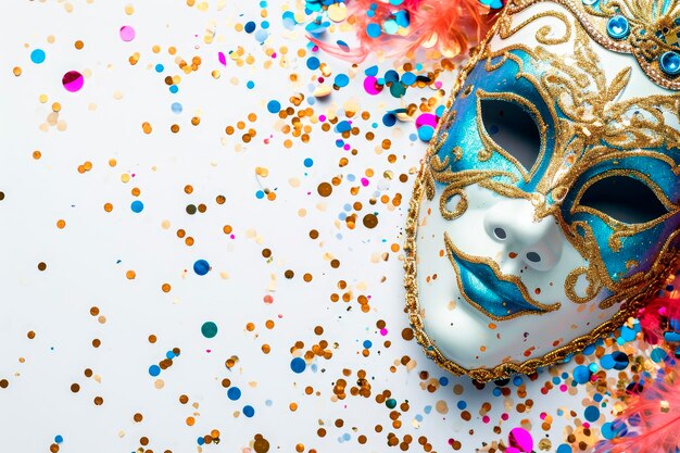 Carnival party backgroundVenetian mask on white background with confetti Copy space