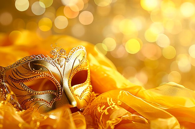 Carnival party backgroundVenetian mask on yellow glitter background Copy space