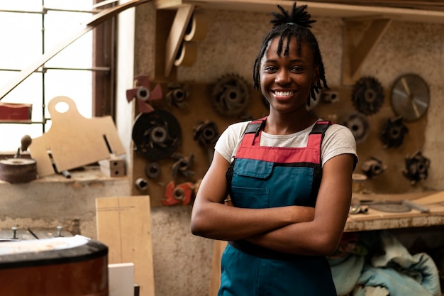 Free photo carpenter cutting mdf board inside workshop