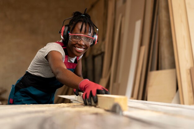 Carpenter cutting mdf board inside workshop