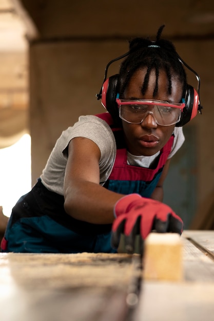 Free photo carpenter cutting mdf board inside workshop