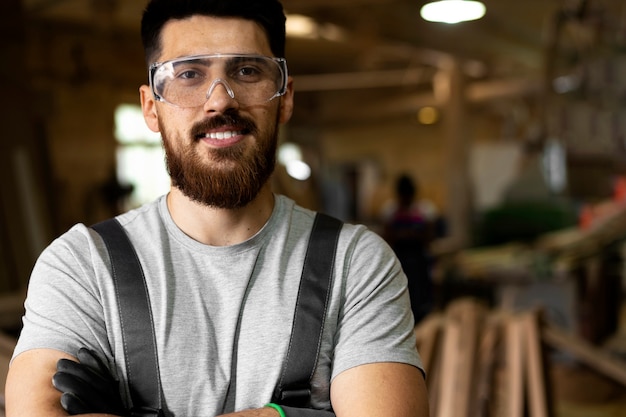 Free photo carpenter cutting mdf board inside workshop