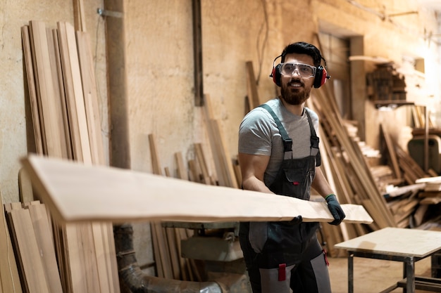 Carpenter cutting mdf board inside workshop