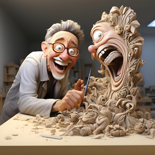 Foto gratuita carpentiere che lavora su una scultura in legno nel suo studio di rendering 3d