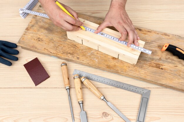 Carpentry concept ruler and pencil