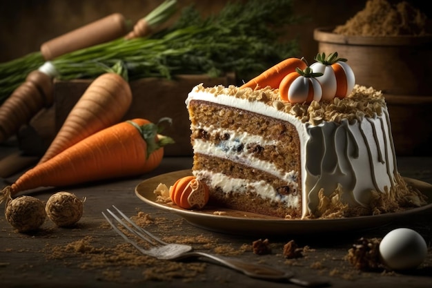 Free photo a carrot cake with a frosting design on it and a carrot cake on the side.