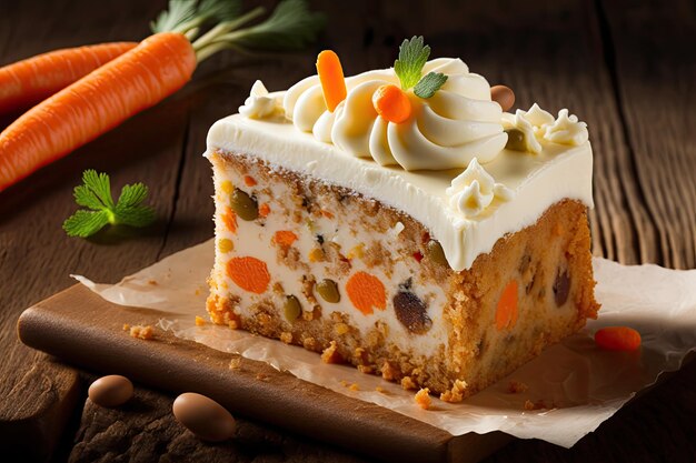 Carrot cake with white frosting and a carrot on top