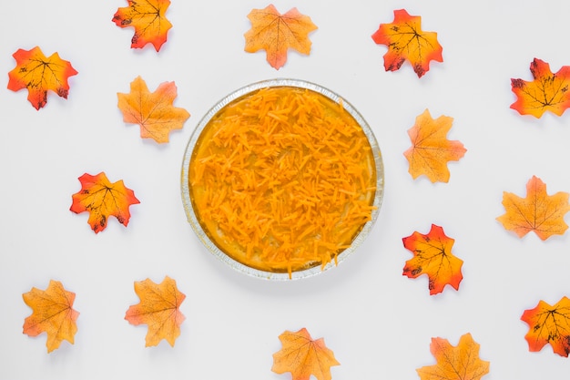 Free photo carrot in plate between dry leaves