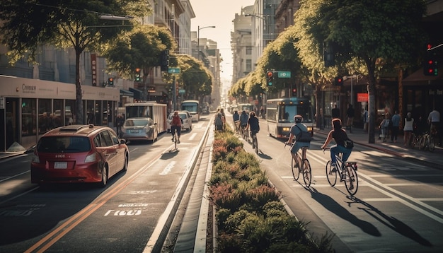 Бесплатное фото Автомобили мчатся по многолюдной городской улице в сумерках, созданных искусственным интеллектом
