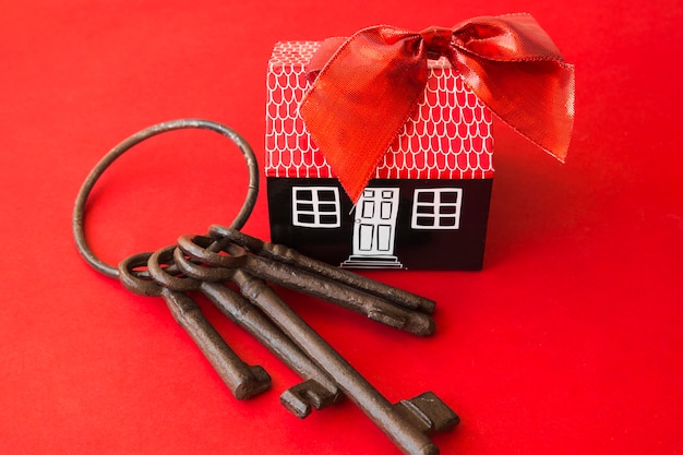 Free photo carton house with bow near old bunch of keys