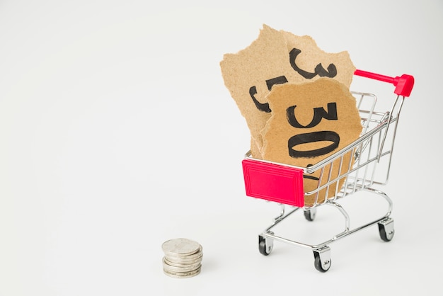Carton tags in shopping trolley near coins