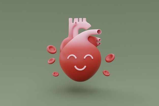 Cartoon anatomical heart with red blood cells