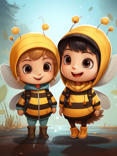Cartoon animated kids wearing bee costumes