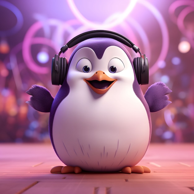 Cartoon animated penguin with headphones