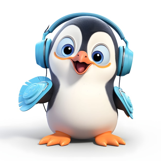 Cartoon animated penguin with headphones