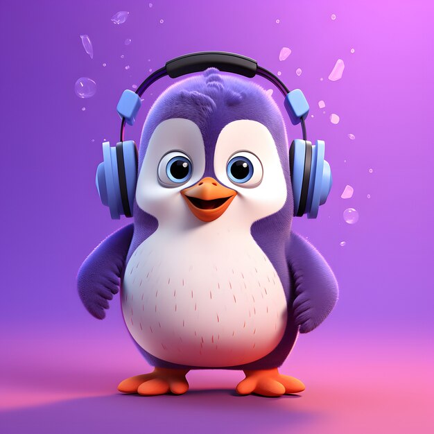 Cartoon animated penguin with headphones