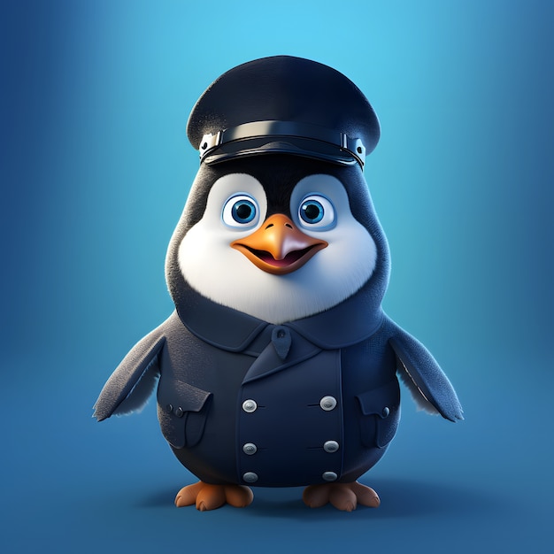 警察官の衣装を着た漫画のアニメーションペンギン