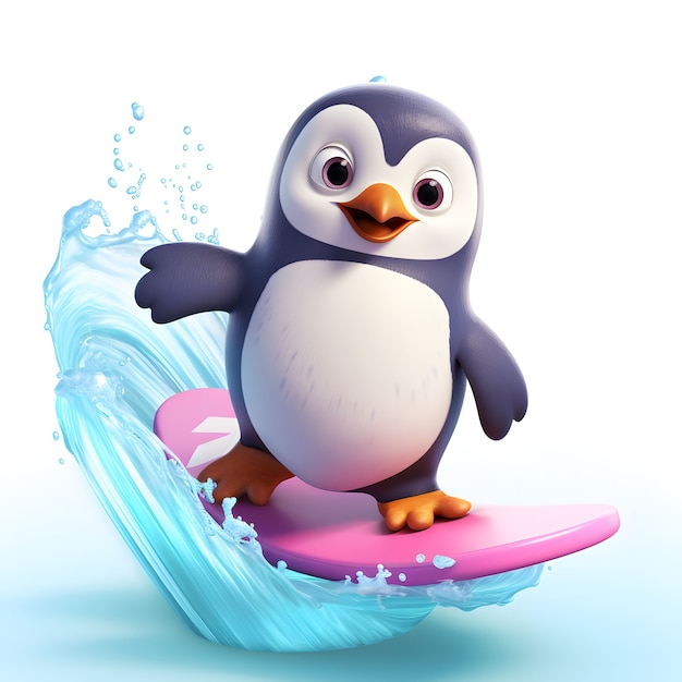 Мультяшный анимированный пингвин с доской для серфинга