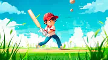 Free photo cartoon character playing cricket game on the field