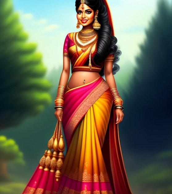 A cartoon character of a woman in a sari with the word on it