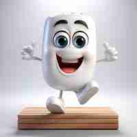 Free photo cartoon character of yogurt is jumping on a wooden platform with white background