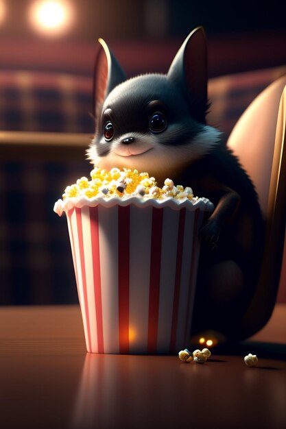 A cartoon dog eating popcorn with a dog sitting on a chair.