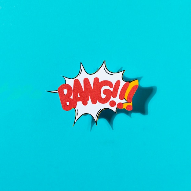 Cartoon exclusive font label tag expression with word bang on blue background