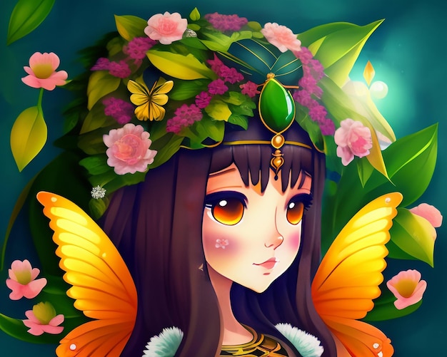 Free photo a cartoon of a fairy with a flower crown on her head.