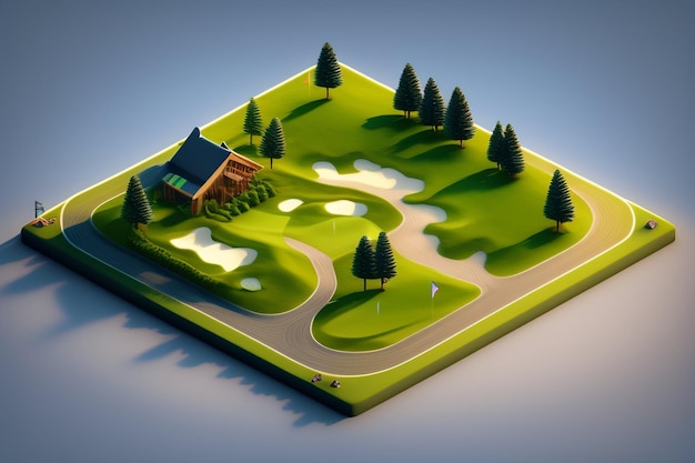 Free photo a cartoon of a golf course with a house and trees.