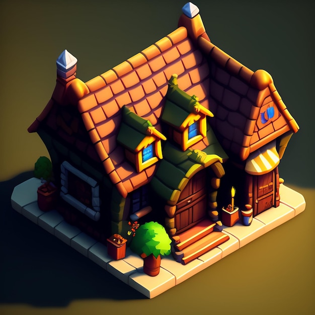 A cartoon house with a brown roof and a small potted plant in the front.