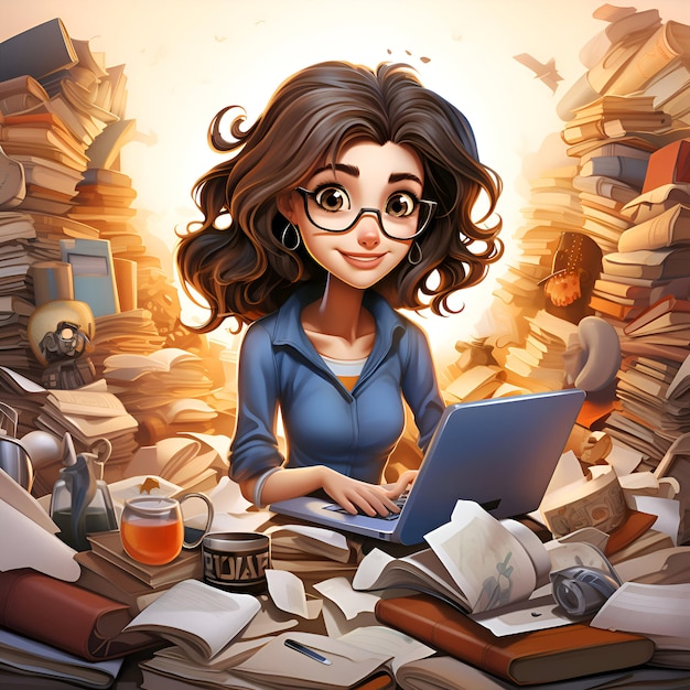 Free photo cartoon illustration of a beautiful young woman sitting in front of a pile of books with a laptop
