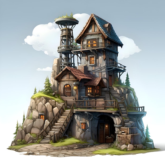 Free photo cartoon illustration of a fairy tale house on a hilltop