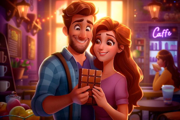 Бесплатное фото Иллюстрация мультфильма с людьми и шоколадными конфетами