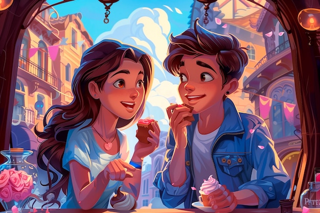 Foto gratuita illustrazione di cartoni animati con persone e dolci al cioccolato