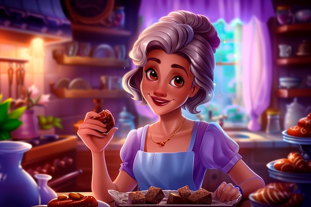 Foto gratuita illustrazione di cartoni animati con persone e dolci al cioccolato