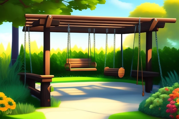 Free photo a cartoon image of a wooden swing set with a wooden roof and a green tree in the background.