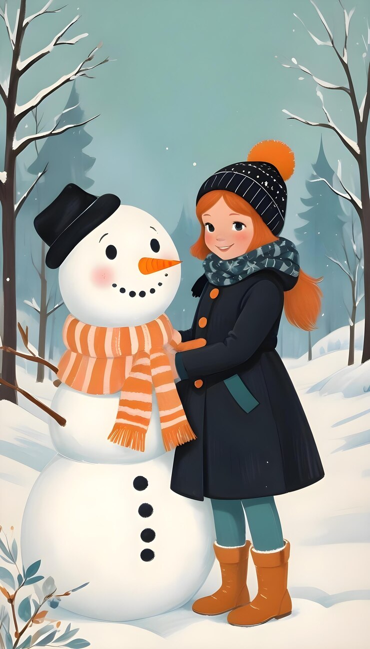 Free Photo cartoon kid building a snowman illustration