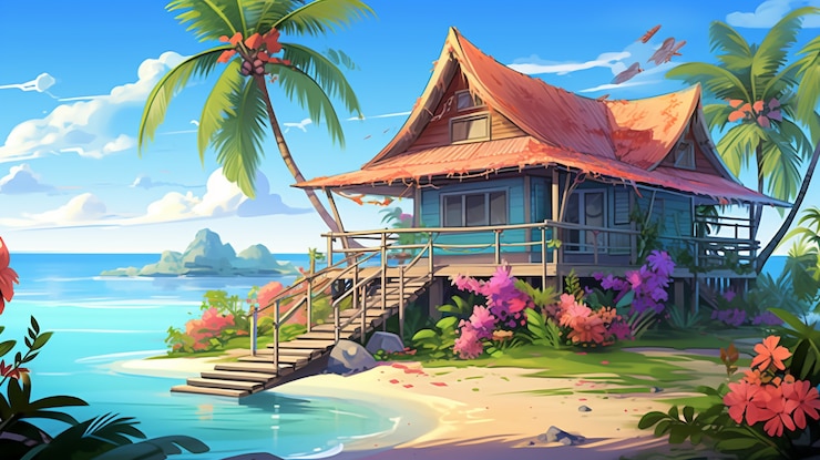免費 Photo 熱帶島<unk>的卡通風景