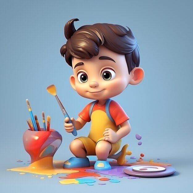 Cartoon like kid painting indoors