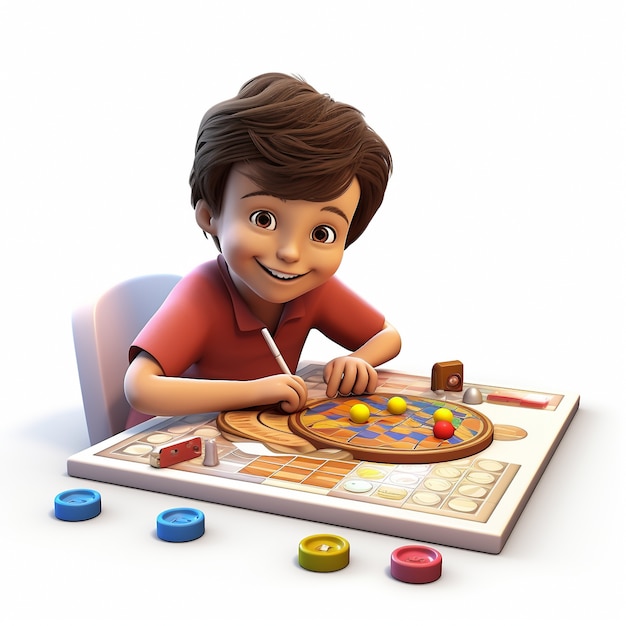 Foto gratuita cartone animato come un bambino che gioca con il gioco da tavolo al chiuso