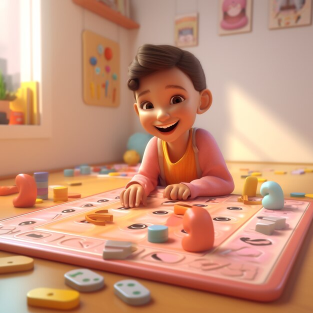 Cartoon like kid playing with board game indoors