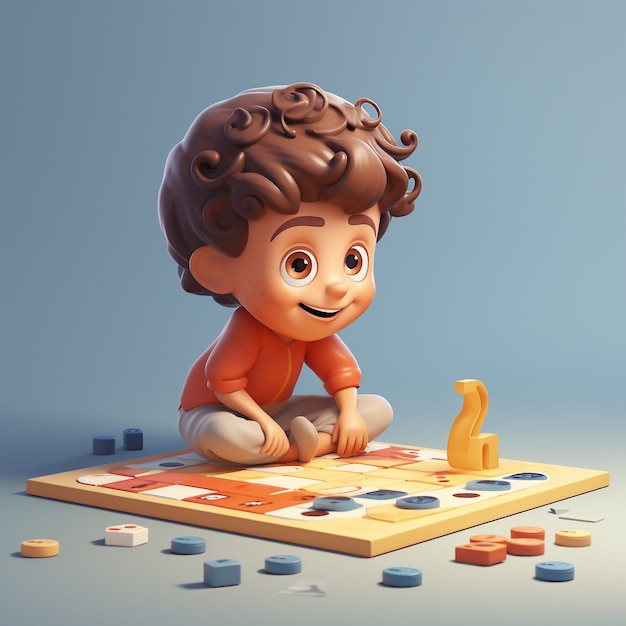 Бесплатное фото Мультфильм, как ребенок, играющий в настольную игру в помещении