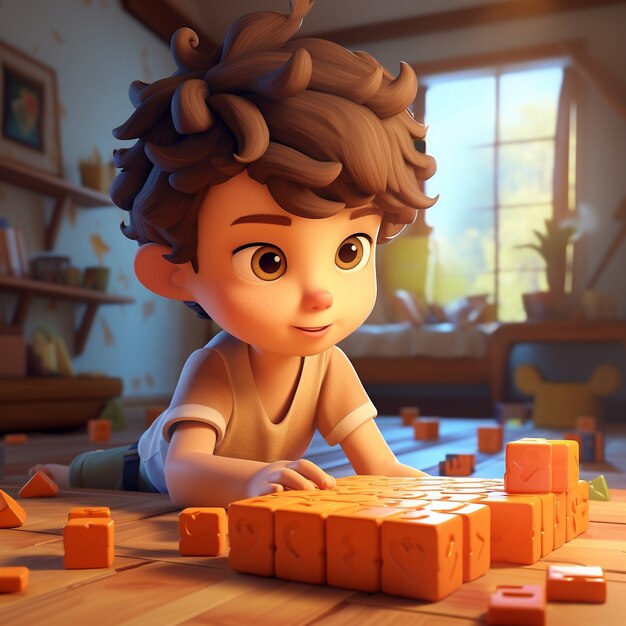 Cartoon like kid playing with cubes indoors