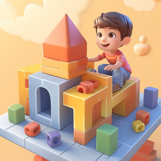 Cartoon like kid playing with cubes indoors