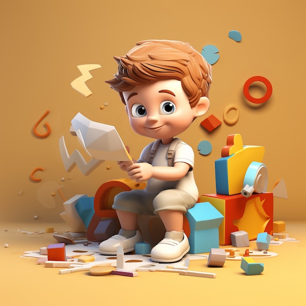 Мультфильм, как ребенок, играющий с кубиками в помещении